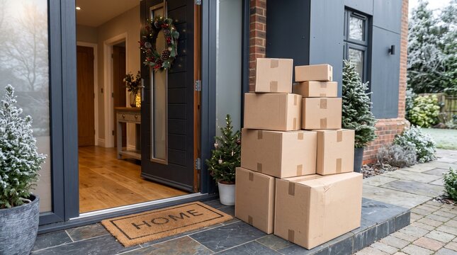 Delivery boxes stacked on front porch of modern house at Christmas