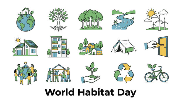 World Habitat Day Vector Icon Set featuring Sustainable Earth, Forest Trees, Eco Friendly Houses, Camping Tent, Recycling Symbol, and Community Living Icons