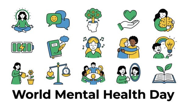 World Mental Health Day Vector Icon Set featuring Mind Meditation, Positive Thinking, Emotional Support Hug, Self Care Mirror, and Wellness Icons