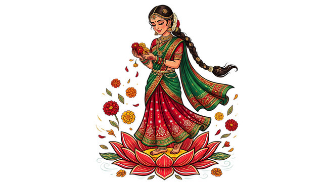 Indian woman in traditional attire holding flowers on lotus PNG with alpha channel