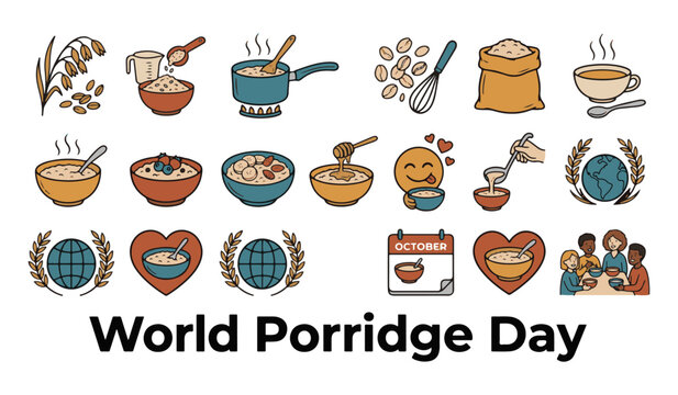 World Porridge Day Vector Icon Set featuring Oats Stalk, Cooking Pot, Cereal Bowl, Honey Dipper, Globe Charity, Calendar, and Healthy Food Icons  