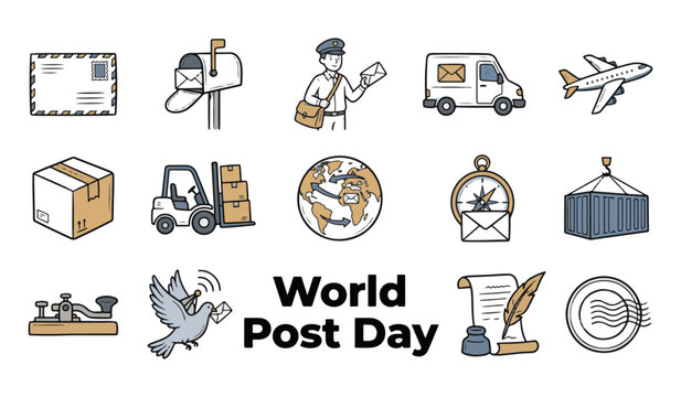 World Post Day Vector Icon Set featuring Envelope Mail, Mailbox, Postman Delivery, Cargo Van, Mail Airplane, Homing Pigeon, and Logistics Icons  