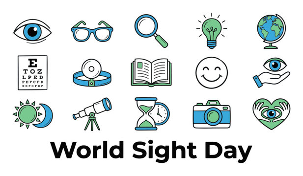 World Sight Day Vector Icon Set featuring Human Eye, Eyeglasses, Snellen Eye Chart, Optometrist Examination, Telescope, and Vision Care Icons
