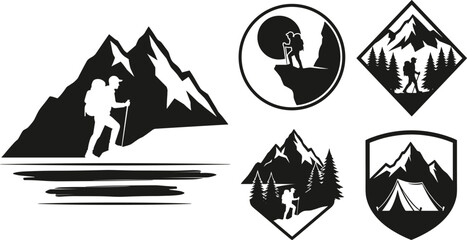 Fototapeta premium Black and White Mountain Hiking Badge Vector Set with Climber Silhouette and Camping Elements
