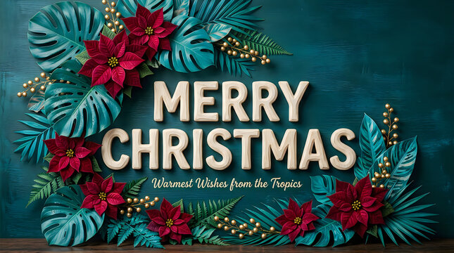 Merry christmas festive greeting with tropical flowers and foliage