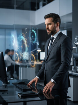 Confident businessman analyzing data with futuristic holographic interface in modern office