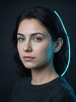 Young woman with glowing facial recognition technology overlay futuristic portrait