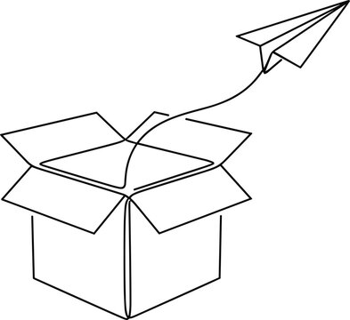  Continuous line drawing open box package and paper airplane flying out vector concept for fast delivery express shipping and creative innovation line art design element