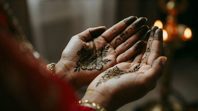 Beautifully decorated hands with intricate henna designs on palms and fingers in warm indoor setting
