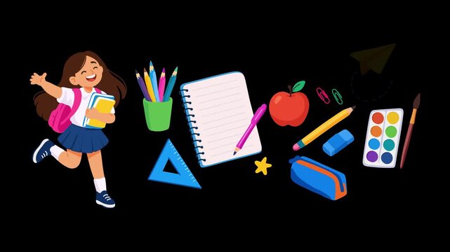 animation cheerful schoolgirl with colorful school supplies