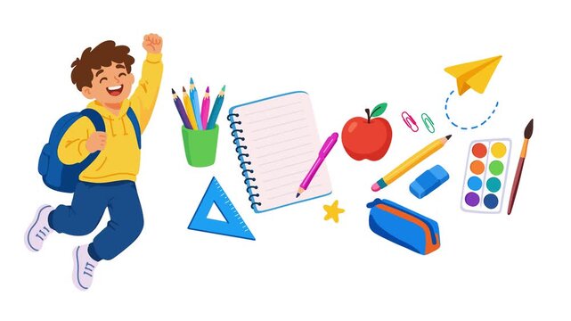 animation happy schoolboy holding colorful school supplies