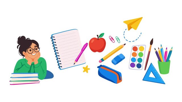 animation happy college student holding school stationery set