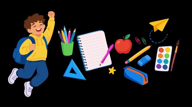 animation cheerful schoolboy with colorful school stationery set