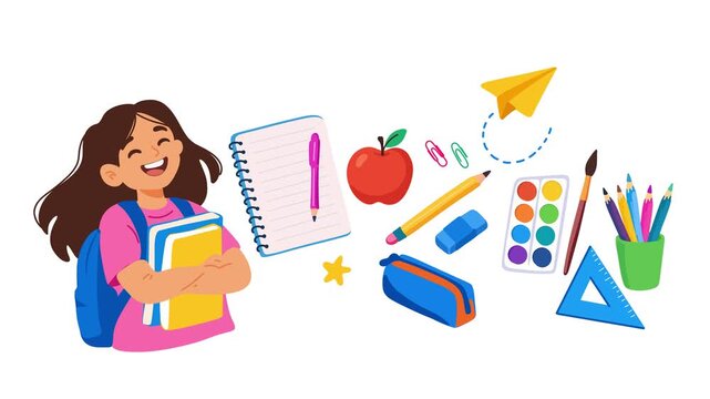 animation cute schoolgirl with colorful stationery for back to school
