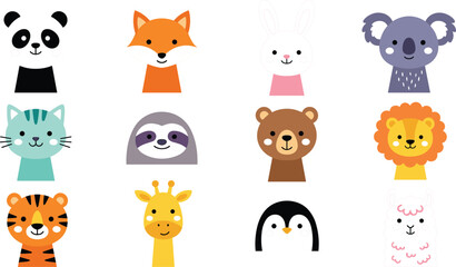 Obraz premium Cute Cartoon Baby Animal Vector Set with Sitting Lion Cat Puppy and Frog Chibi Mascot