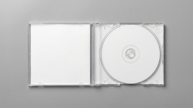 Open compact disc jewel case mockup with blank white cd dvd and booklet on grey backdrop
