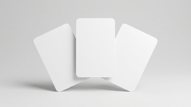 Three blank white cards with rounded corners mockup fanned out on grey studio background