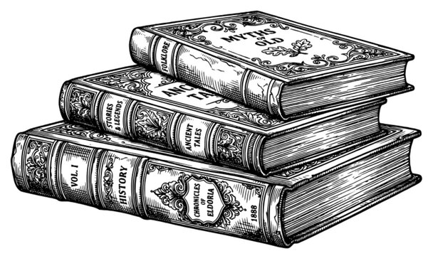 Vintage detailed stack of books line art vector antique filigree book pile illustration