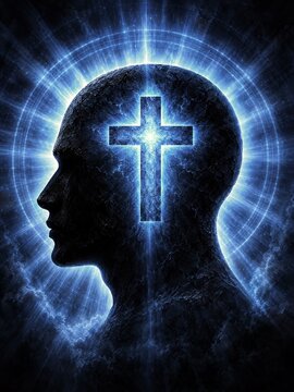 Glowing blue cross inside human head silhouette with spiritual light