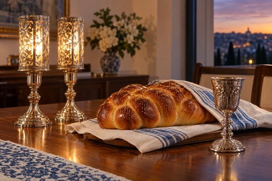 Traditional Shabbat table with braided challah bread candles and kiddush cup