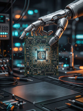 Robotic arm holding circuit board with glowing microchip  technology artificial intelligence