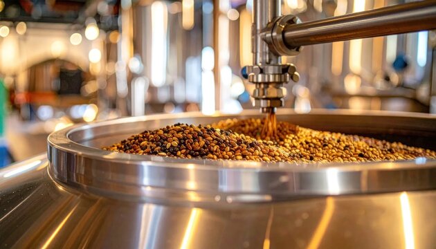 Close-up of roasted coffee beans being processed in a large stainless steel industrial brewing tank at a modern brewery.