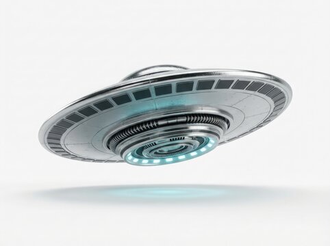 Futuristic metallic flying saucer ufo hovering in the air isolated on white background