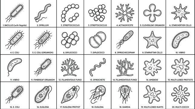 Microbiology vector chart detailing different shapes of bacteria cells viruses protozoa pathogens and microscopic organisms diagram
