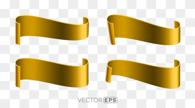 Collection of elegant golden wavy 3D ribbons. Perfect blank metallic banner elements for design.