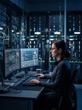 Female it professional working with servers and data in a modern technology datacenter