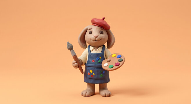 3D cute bunny artist holding a paintbrush and palette, clay figurine