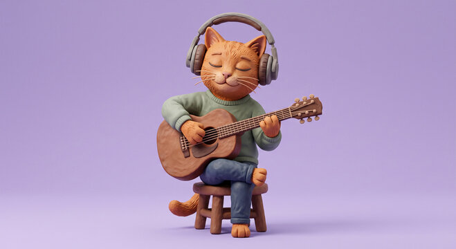 3D cute cat musician playing acoustic guitar and wearing headphones, clay figurine