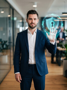 Young professional presenting digital cybersecurity shield in modern office setting