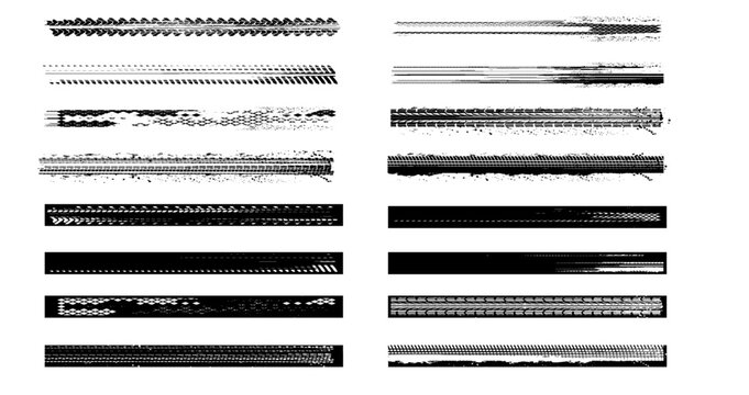 Various patterns of tire tracks on white background show different vehicles and surfaces