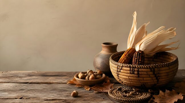 Autumn harvest still life with dried Indian corn in woven basket and acorns on rustic wooden table with copy space.