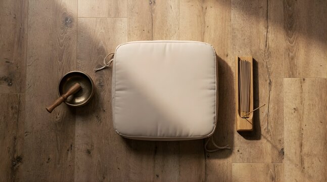 Meditation cushion singing bowl and incense holder on rustic wooden floor with warm natural sunlight.