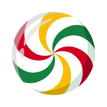 Multicolor red, yellow, green, and white swirl peppermint candy isolated on transparent background. Festive Christmas round candy PNG illustration for holiday decor.