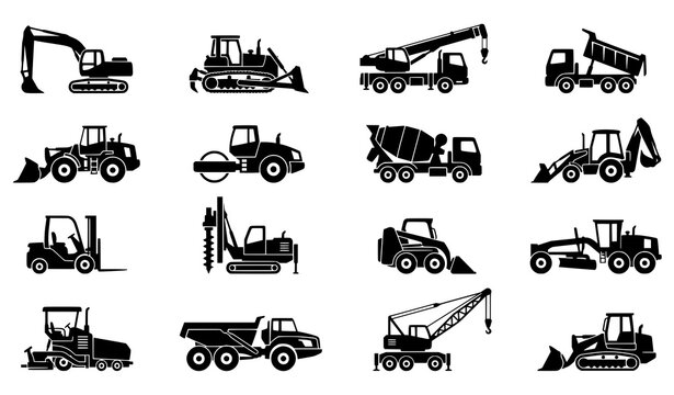 15 Heavy Construction Equipment Black Silhouette Icon Set Featuring Excavators, Bulldozers, Cranes, Dump Trucks, Loaders, Rollers and Industrial Machinery