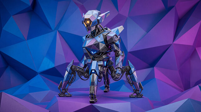 Low poly mechanical robot stands on a purple geometric background