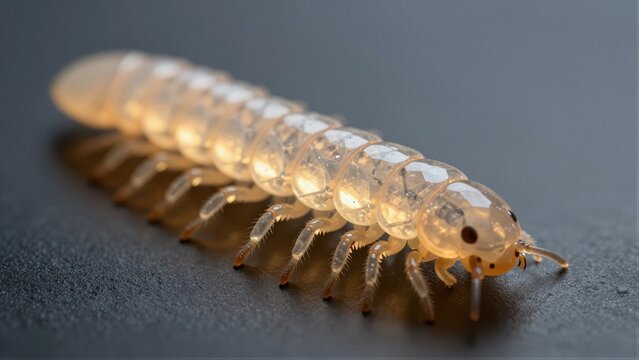 A glowing futuristic digital caterpillar moves slowly across a textured dark surface, blending organic form with advanced technology.