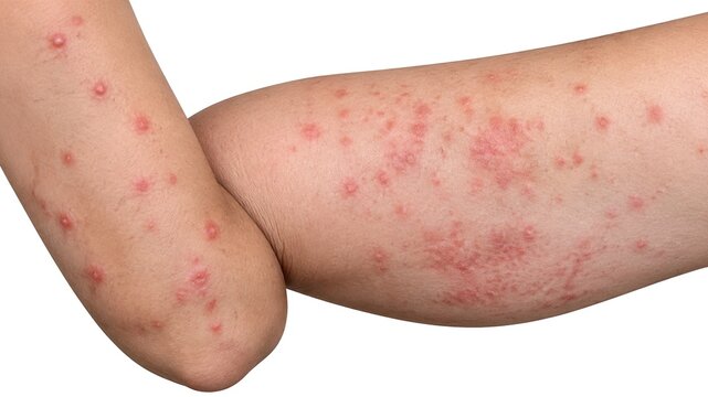 Red inflamed skin rash with widespread raised bumps and irritated patches on human arm and leg isolated on white background