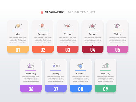 Infographic design template. Timeline concept with 9 options or steps template. layout, diagram, annual, report, presentation. Vector illustration.