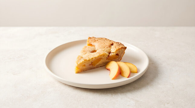 A delicious slice of peach cobbler pie served on a clean white plate with fresh fruit slices on the side
