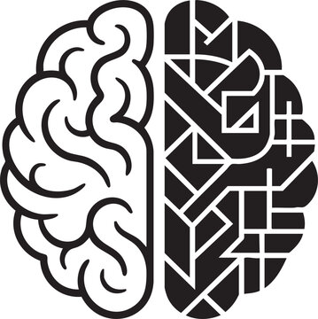 Conceptual illustration of a human brain split between creative organic thought and logical analytical digital structure