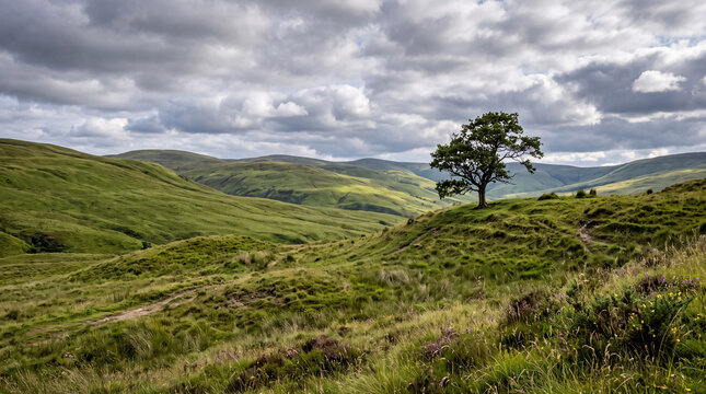 Lone tree stands on rolling green hills under a cloudy sky