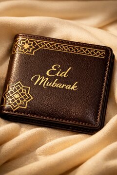 Eid mubarak elegant leather wallet with gold islamic geometric ornament on silk background for holiday greeting card and banner design