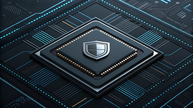 Futuristic black titanium security shield computer processor with blue circuit board lighting conveys advanced cybersecurity and digital