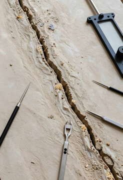 Archaeology and paleontology excavation, fossil discovery and research with precision tools on a cracked stone surface in a laboratory setting