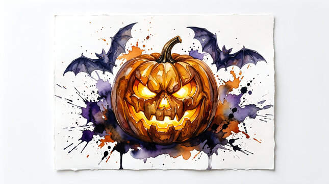 Watercolor halloween pumpkin with scary face and flying bats with colorful ink splashes