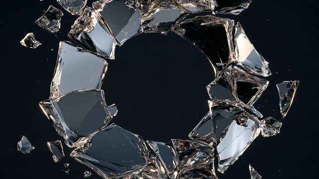 Shattered glass hole ring explosion with flying dark shards glass   